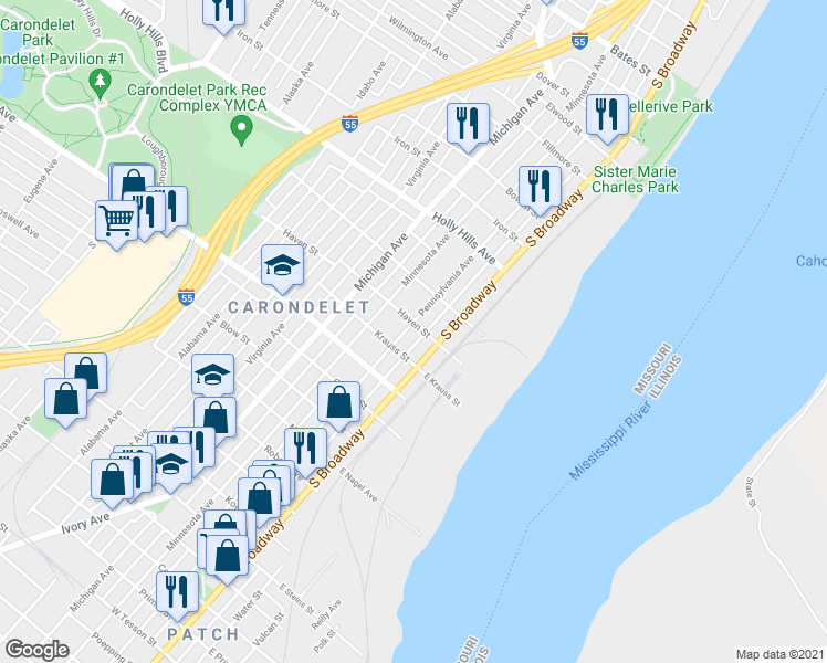 map of restaurants, bars, coffee shops, grocery stores, and more near 6709 Pennsylvania Avenue in St. Louis