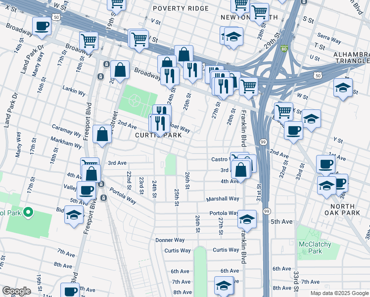 map of restaurants, bars, coffee shops, grocery stores, and more near 2701 26th Street in Sacramento