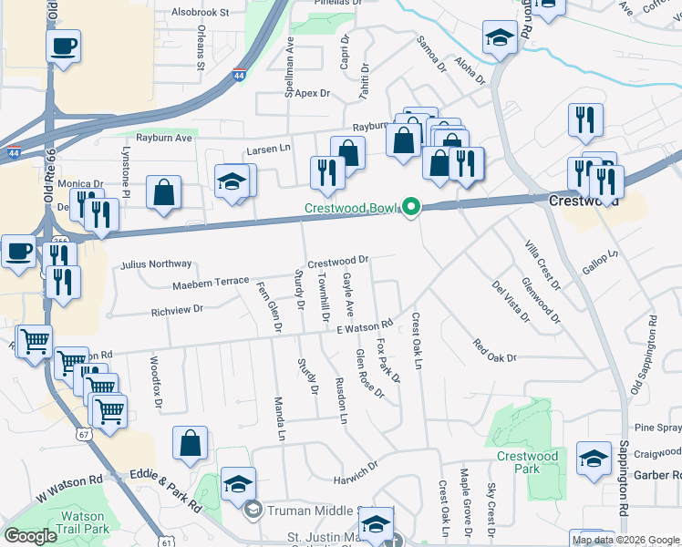 map of restaurants, bars, coffee shops, grocery stores, and more near 8709 Gayle Avenue in St. Louis