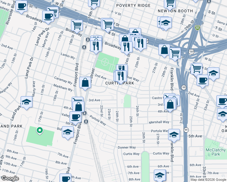map of restaurants, bars, coffee shops, grocery stores, and more near 2334 Castro Way in Sacramento