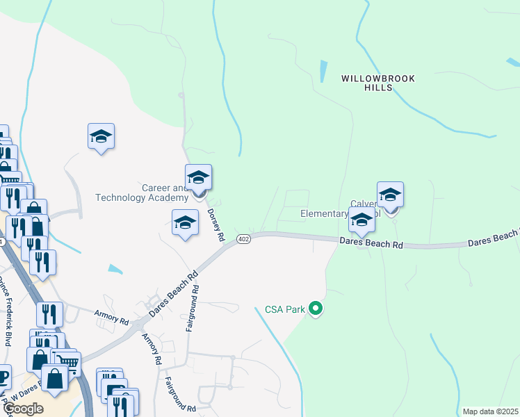 map of restaurants, bars, coffee shops, grocery stores, and more near 998 Dorsey Road in Prince Frederick