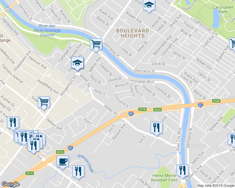 map of restaurants, bars, coffee shops, grocery stores, and more near 3949 Comstock Drive in St. Louis