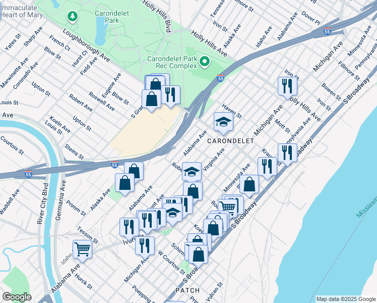 map of restaurants, bars, coffee shops, grocery stores, and more near 7112 Alabama Avenue in St. Louis