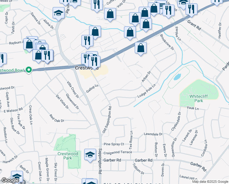 map of restaurants, bars, coffee shops, grocery stores, and more near 9518 Arban Drive in St. Louis