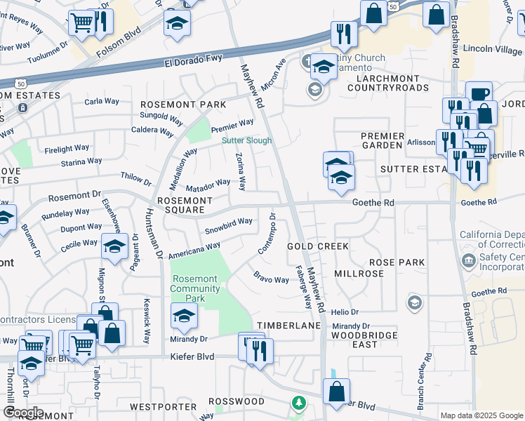 map of restaurants, bars, coffee shops, grocery stores, and more near 9444 Americana Way in Sacramento