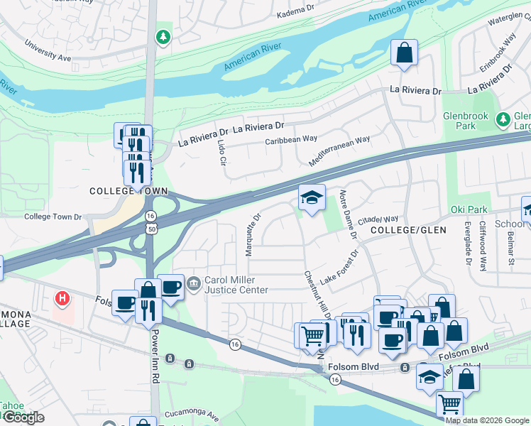 map of restaurants, bars, coffee shops, grocery stores, and more near 2631 Marquette Drive in Sacramento