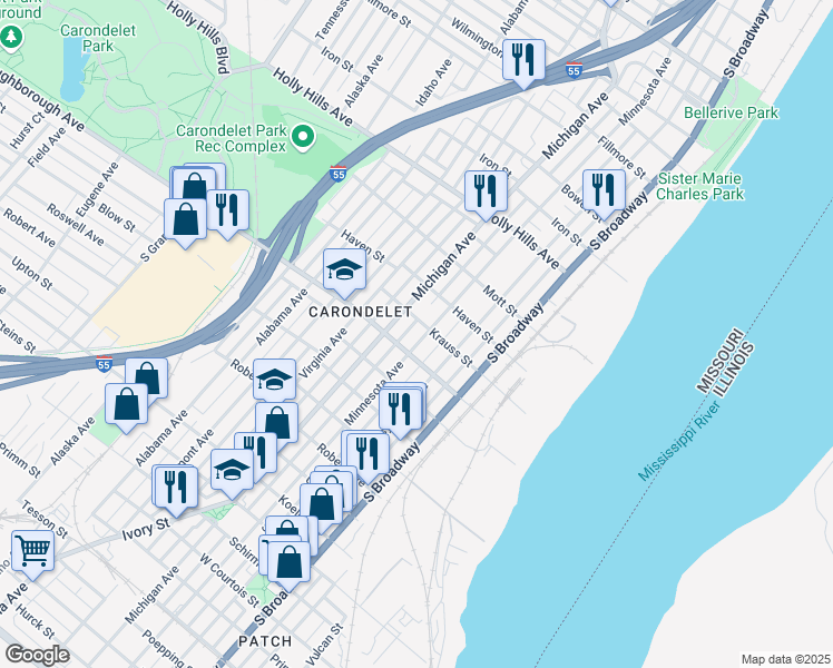 map of restaurants, bars, coffee shops, grocery stores, and more near 6811 Minnesota Avenue in St. Louis