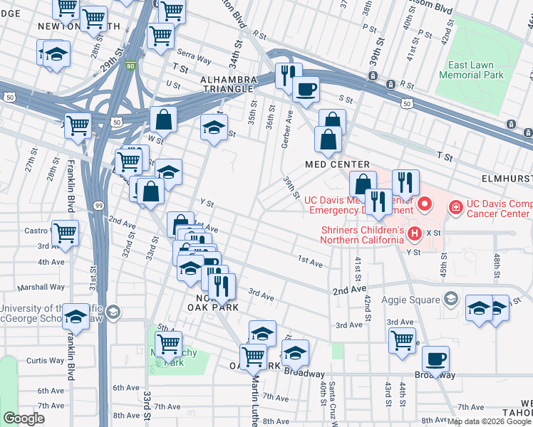 map of restaurants, bars, coffee shops, grocery stores, and more near 3704 Miller Way in Sacramento