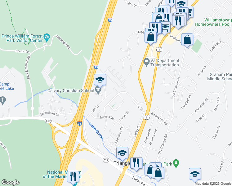 map of restaurants, bars, coffee shops, grocery stores, and more near 18474 Quantico Gateway Drive in Triangle