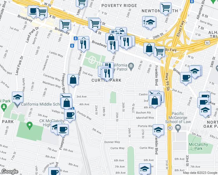 map of restaurants, bars, coffee shops, grocery stores, and more near 2433 Castro Way in Sacramento