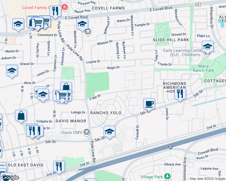 map of restaurants, bars, coffee shops, grocery stores, and more near 2219 East 8th Street in Davis
