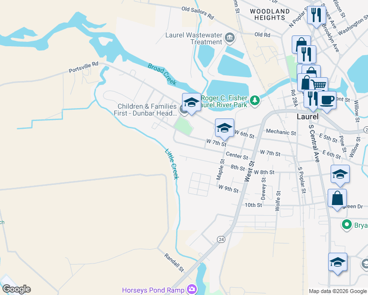 map of restaurants, bars, coffee shops, grocery stores, and more near 623 Center Street in Laurel