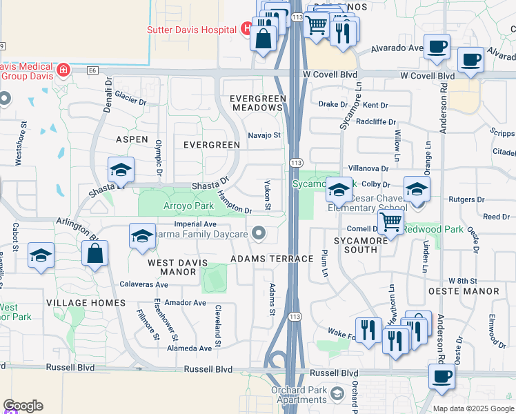 map of restaurants, bars, coffee shops, grocery stores, and more near 1615 Hampton Dr in Davis