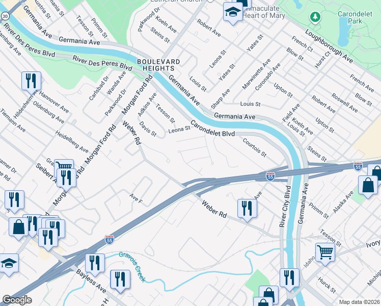 map of restaurants, bars, coffee shops, grocery stores, and more near 3949 Comstock Drive in St. Louis