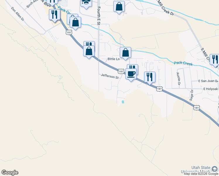 map of restaurants, bars, coffee shops, grocery stores, and more near 1268 Madison Way in Moab