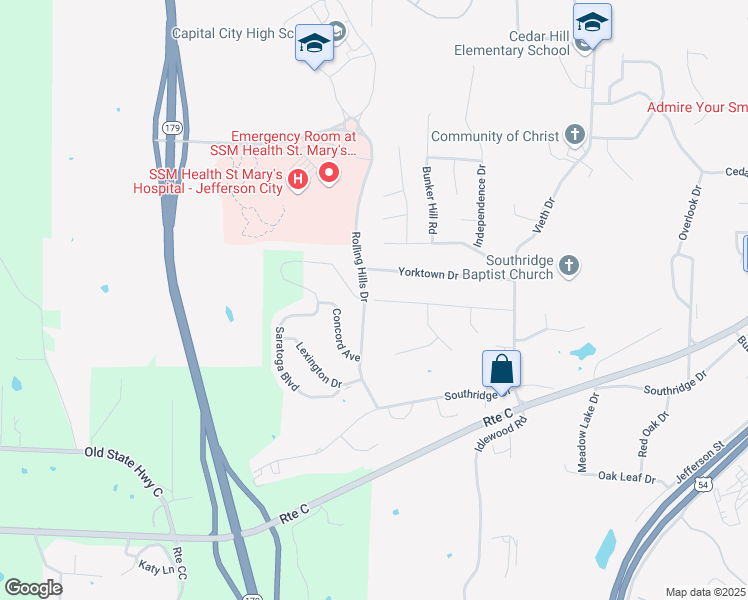 map of restaurants, bars, coffee shops, grocery stores, and more near 2540 Plymouth Rock Drive in Jefferson City