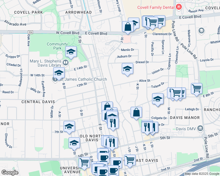 map of restaurants, bars, coffee shops, grocery stores, and more near in Davis