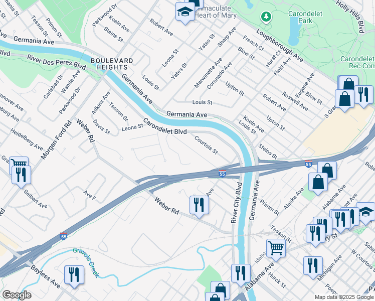 map of restaurants, bars, coffee shops, grocery stores, and more near 3828 Primm Street in St. Louis