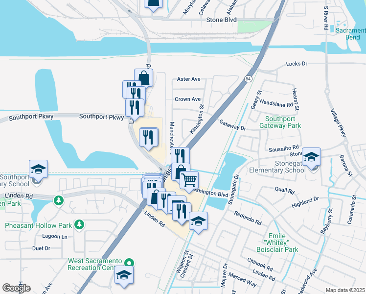 map of restaurants, bars, coffee shops, grocery stores, and more near 2349 Kinsington Street in West Sacramento