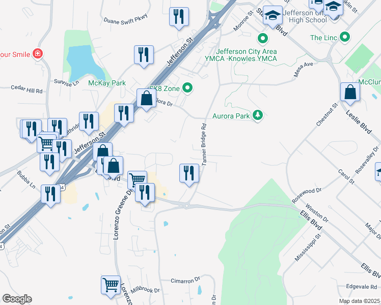 map of restaurants, bars, coffee shops, grocery stores, and more near 304 Tanner Bridge Court in Jefferson City