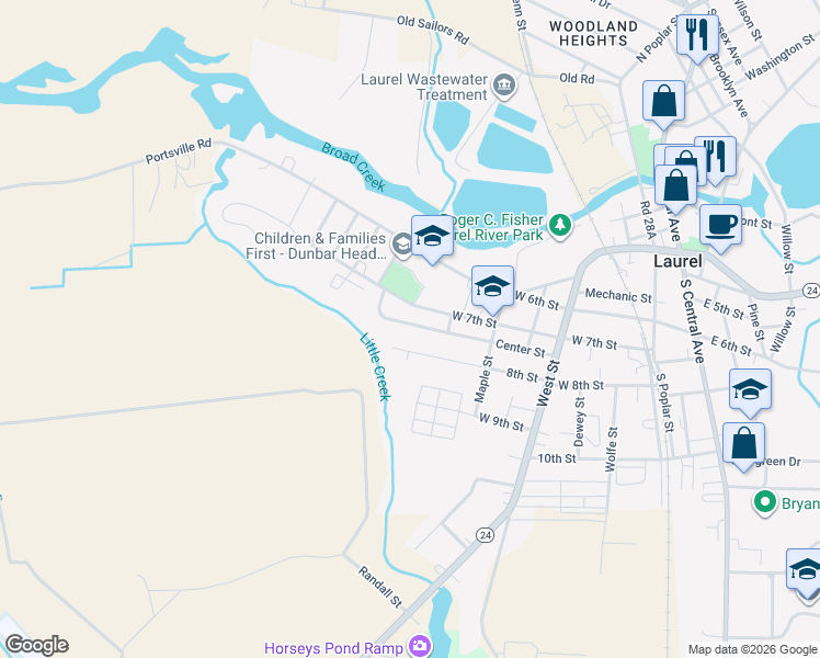 map of restaurants, bars, coffee shops, grocery stores, and more near 623 Center Street in Laurel