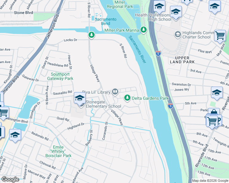 map of restaurants, bars, coffee shops, grocery stores, and more near 1348 Milano Drive in West Sacramento