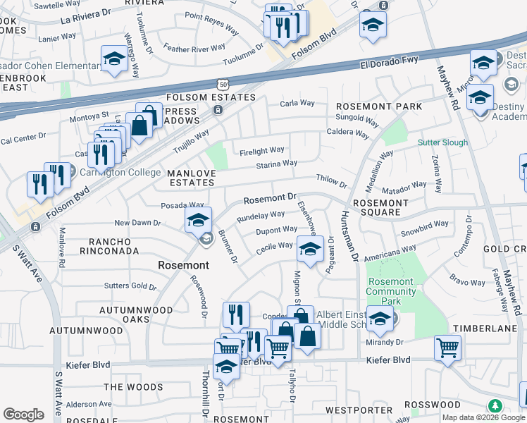 map of restaurants, bars, coffee shops, grocery stores, and more near 9137 Rundelay Way in Sacramento