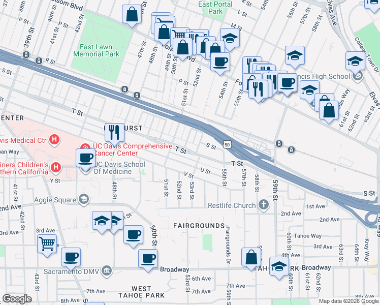 map of restaurants, bars, coffee shops, grocery stores, and more near 5128 T Street in Sacramento
