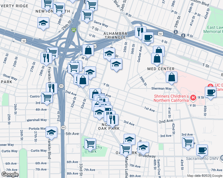 map of restaurants, bars, coffee shops, grocery stores, and more near 3500 Y Street in Sacramento
