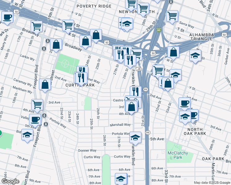 map of restaurants, bars, coffee shops, grocery stores, and more near 2701 2nd Avenue in Sacramento