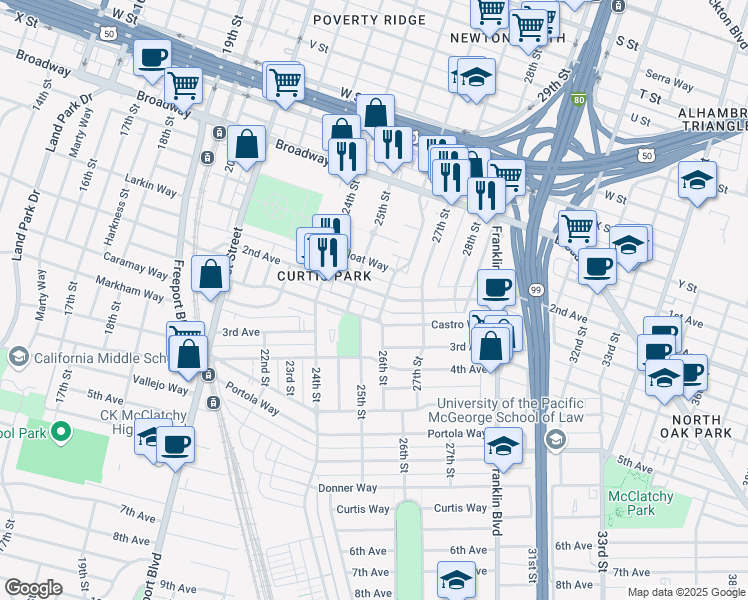 map of restaurants, bars, coffee shops, grocery stores, and more near 2701 26th Street in Sacramento