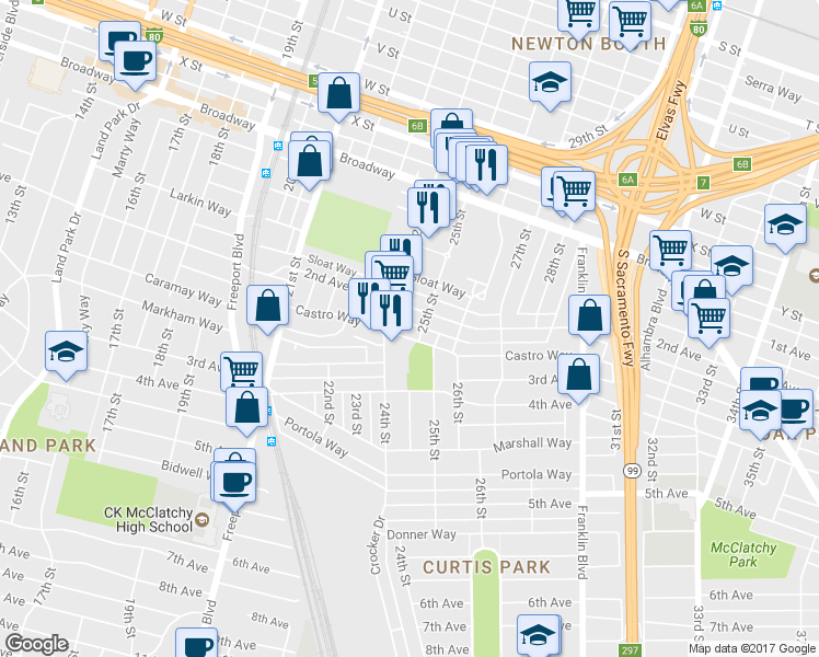map of restaurants, bars, coffee shops, grocery stores, and more near 2500 2nd Avenue in Sacramento