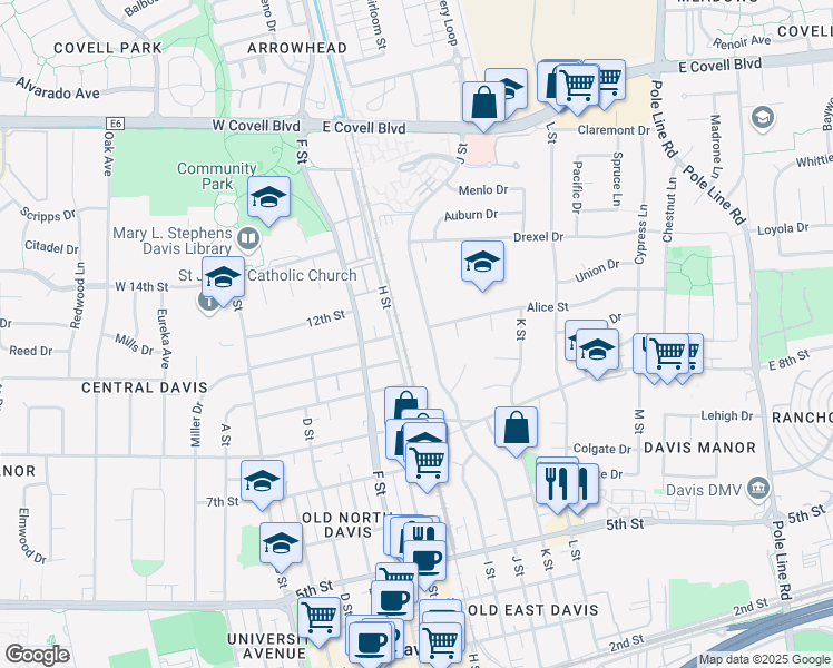 map of restaurants, bars, coffee shops, grocery stores, and more near in Davis