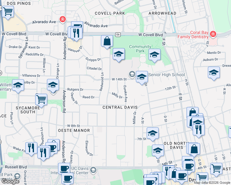 map of restaurants, bars, coffee shops, grocery stores, and more near 341 Mills Drive in Davis