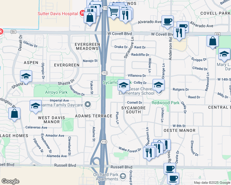 map of restaurants, bars, coffee shops, grocery stores, and more near 1207 Sycamore Lane in Davis
