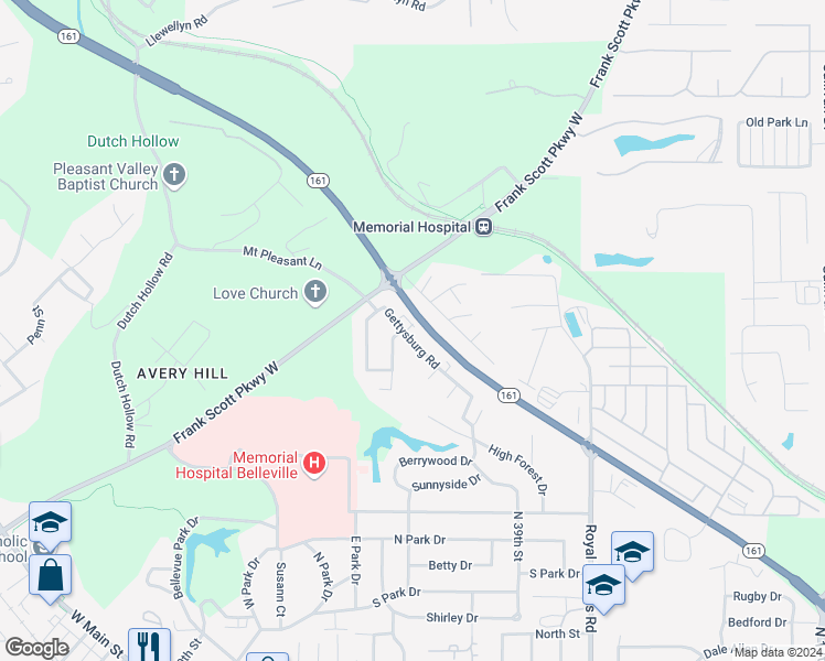 map of restaurants, bars, coffee shops, grocery stores, and more near 224 Gettysburg Road in Belleville
