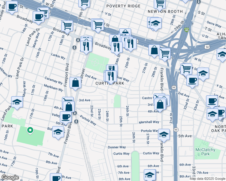 map of restaurants, bars, coffee shops, grocery stores, and more near 2433 Castro Way in Sacramento
