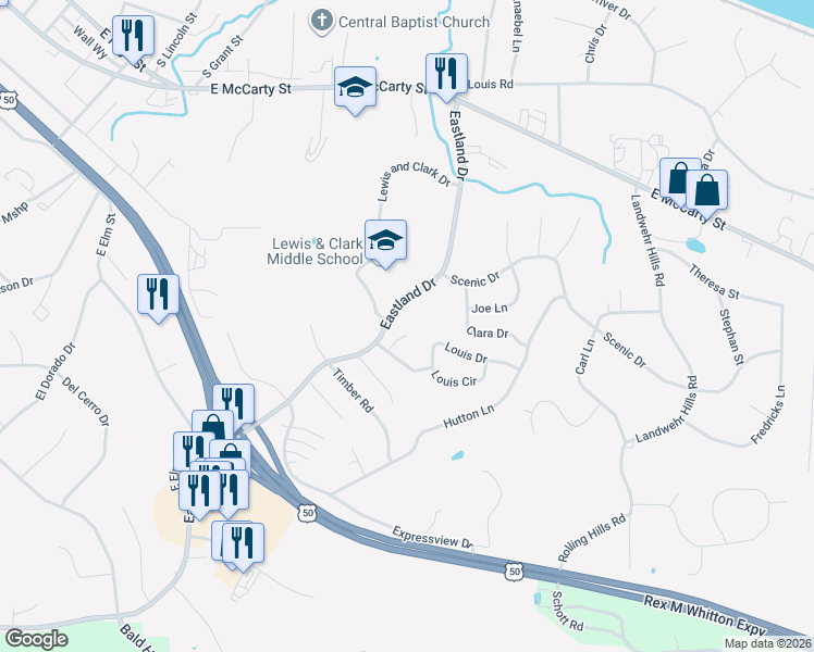 map of restaurants, bars, coffee shops, grocery stores, and more near 305 Shagbark in Jefferson City