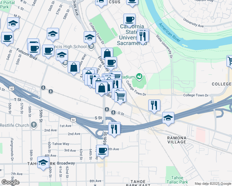map of restaurants, bars, coffee shops, grocery stores, and more near 1220 66th Street in Sacramento