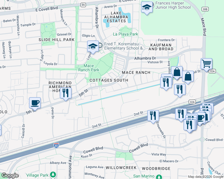 map of restaurants, bars, coffee shops, grocery stores, and more near 1001 Bendita Court in Davis