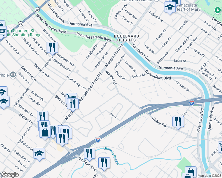 map of restaurants, bars, coffee shops, grocery stores, and more near 8213 Weimar Drive in St. Louis