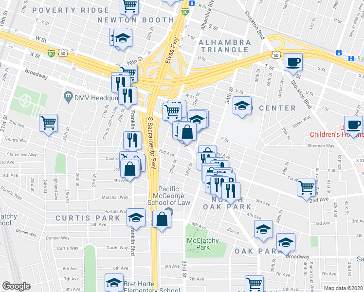 map of restaurants, bars, coffee shops, grocery stores, and more near 2607 32nd Street in Sacramento