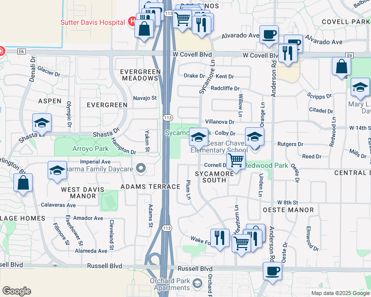 map of restaurants, bars, coffee shops, grocery stores, and more near 1207 Sycamore Lane in Davis