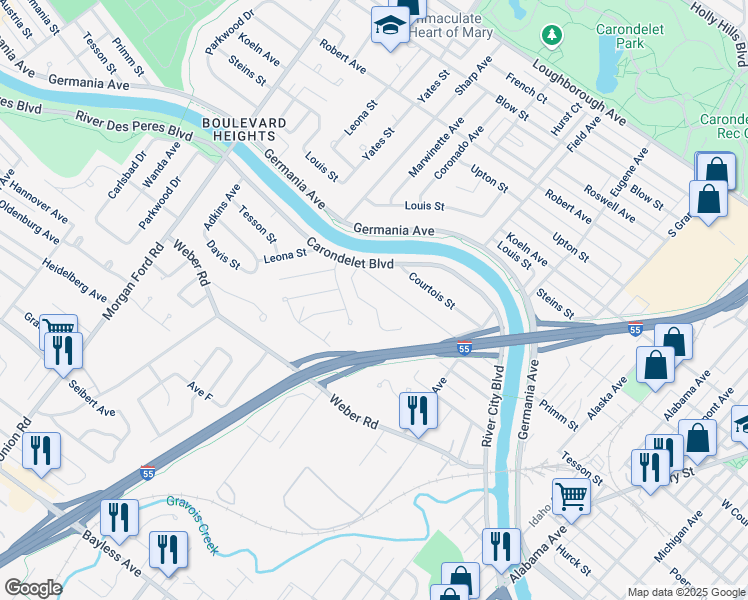 map of restaurants, bars, coffee shops, grocery stores, and more near 3837 Tesson Court in St. Louis