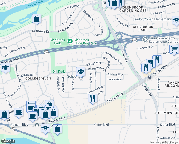 map of restaurants, bars, coffee shops, grocery stores, and more near 2908 Chiplay Street in Sacramento
