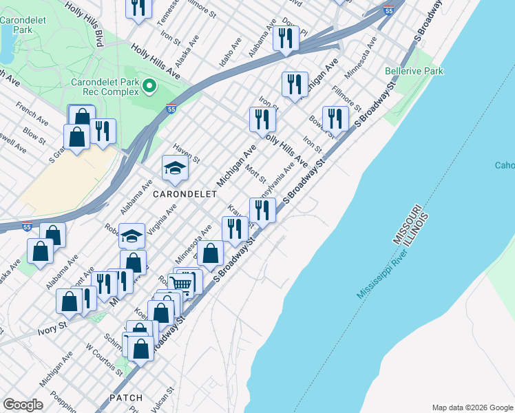 map of restaurants, bars, coffee shops, grocery stores, and more near 128 Haven Street in St. Louis