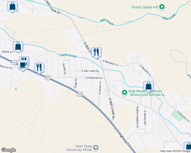 map of restaurants, bars, coffee shops, grocery stores, and more near 1281 East Holyoak Lane in Moab