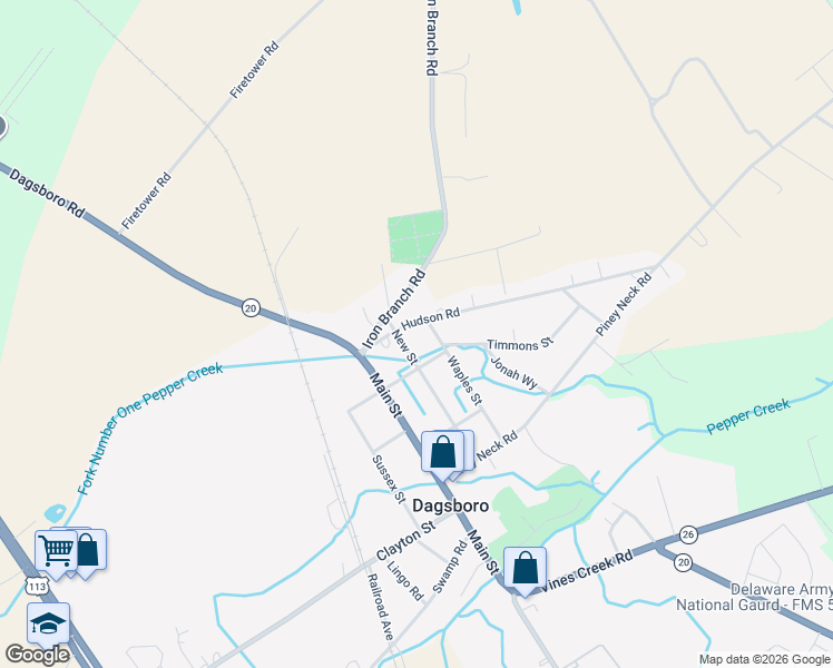 map of restaurants, bars, coffee shops, grocery stores, and more near 31888 New Street in Dagsboro