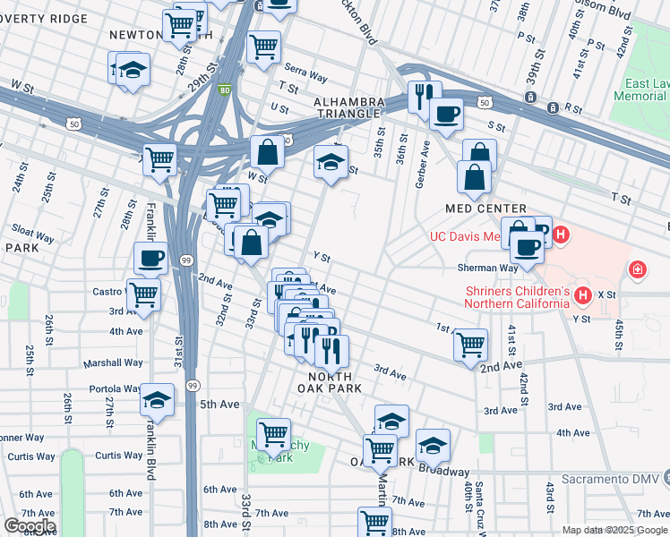 map of restaurants, bars, coffee shops, grocery stores, and more near 3500 Y Street in Sacramento