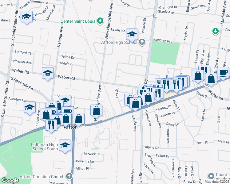 map of restaurants, bars, coffee shops, grocery stores, and more near 8621 Ivy Avenue in Affton